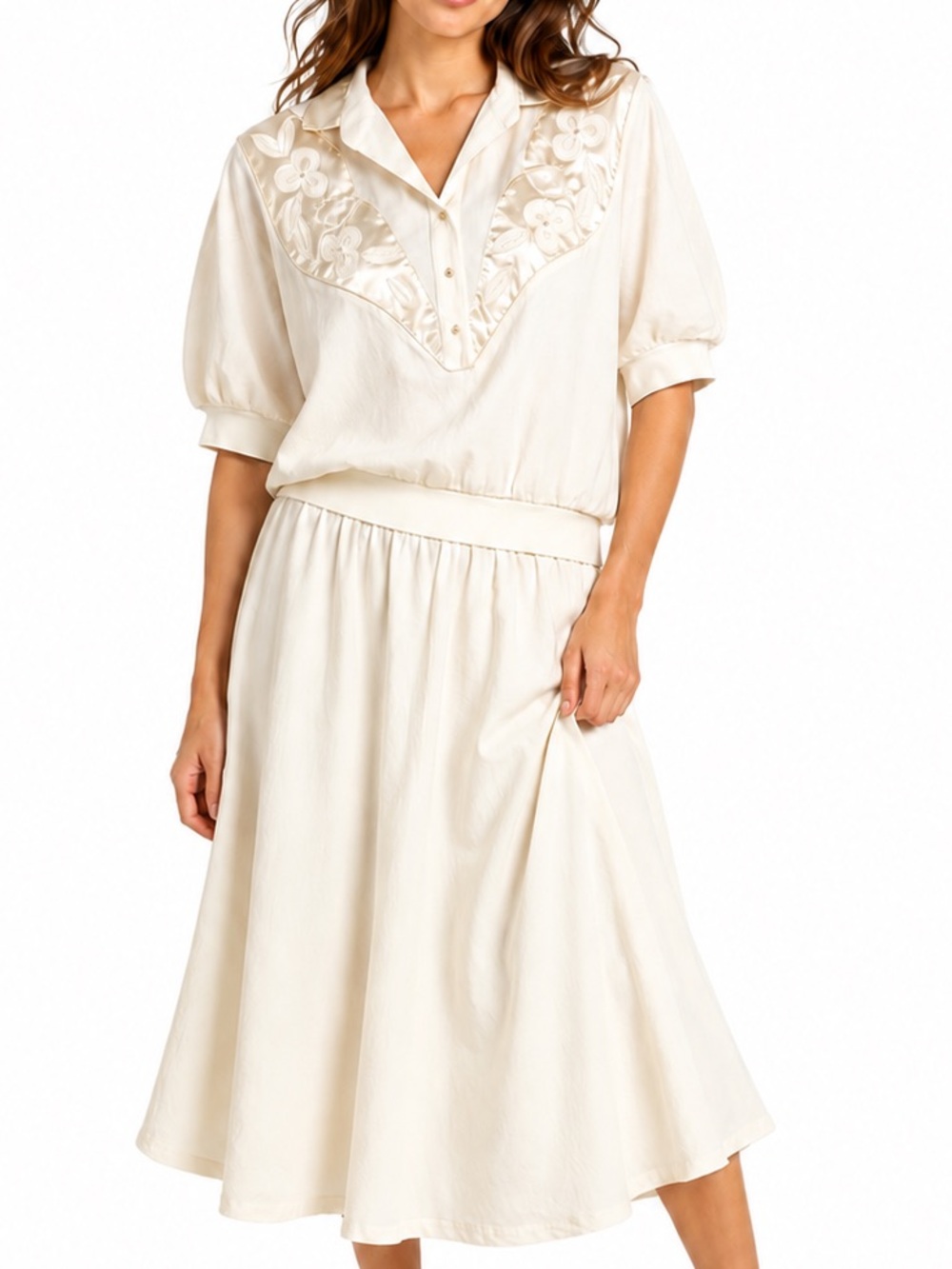 Regal Vintage Ivory Cream 2pc Short Sleeve Yoked Blouse & Dress Set Size Medium